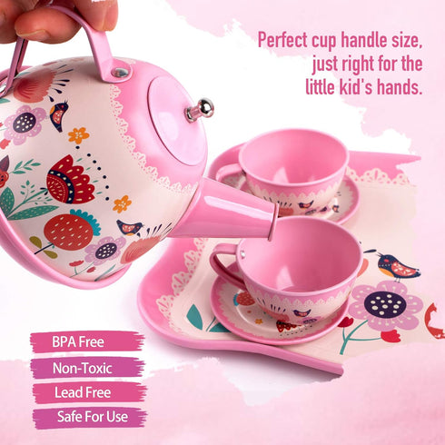 Set 15Pcs Set Playset D-FantiX Kids Tea for Little Girls, Pink Tin Tea Party for Toddlers Afternoon Tea Time with Metal