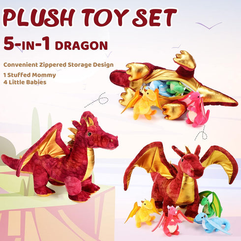 Lenwen 5 Pcs Dragon Plush Stuffed Animal - 16 Inch Giant Mommy Dragon with 4 Pcs Babies in Zippered Belly for Kids