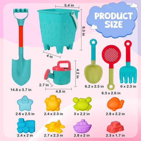 BeneFine 14 Piece Beach Toys,Castle Barrel Bucket,Sea Animal and Traffic Sand Molds,Beach Shovel Tool Kit, Fun Outdoor