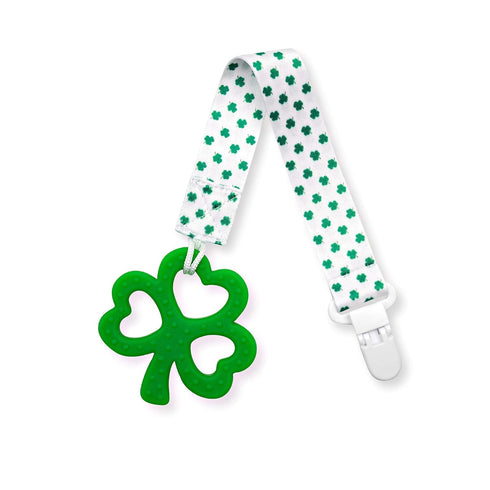 Clover Child Irish Baby Teething Toy - Shamrock Clover Teether & Pacifier Clip, Multi Textured, BPA Free