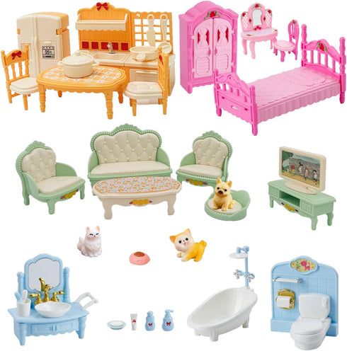 SwankyStyle 36Pcs Dollhouse Furniture Set,Miniature 1:12 Scale Dolls House Accessories with Cat,Dog,Kitchen, Dining
