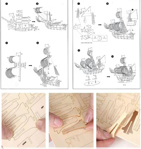 3D Wooden Puzzles for Adults, DIY Pirate Ship Model Kit and Room Decoration, Educational Desk Toys