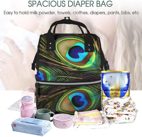 FHEDVBN Backpack Mummy Backpacks Daypack Peacock Feathers Diaper Bag for Women Multifunction Waterproof for Mom Dad