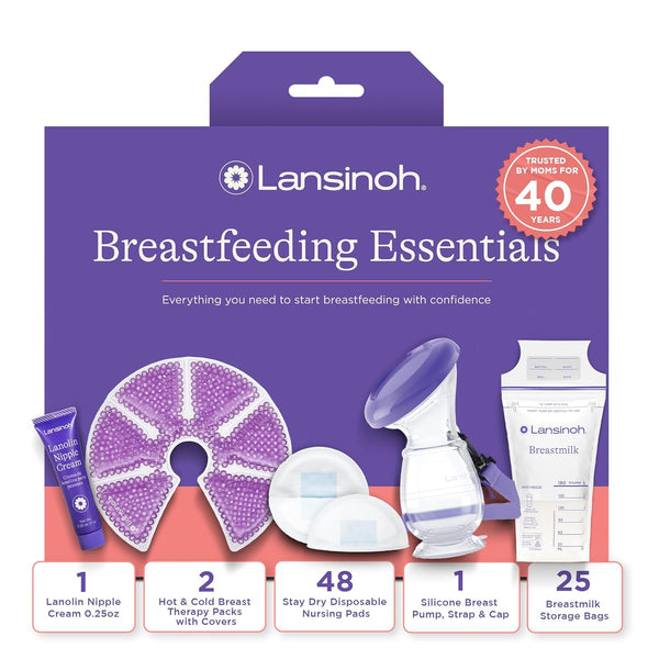 Lansinoh Breastfeeding Essentials Kit for New Moms, 77 Piece Gift Set with Nursing Pads and Breastmilk Storage Bags
