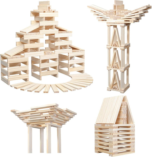 NiToy 200PCS Playset 3D Wooden Plank Building Blocks Sensory Toy for Kids, Montessori STEM with Natural Pine Wood