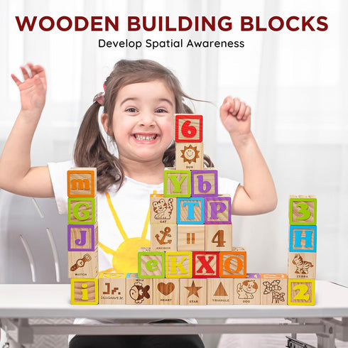 1.73 Inch, 30Pcs SainSmart Jr. Wooden Alphabet Blocks Building Blocks Including Letters, Numbers and Animals