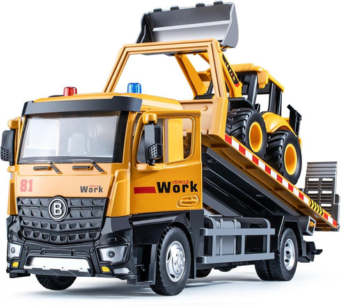 Tow Truck Toy Metal Cab with Flatbed, Friction Powered Transport Trailers with Lights and Siren Sounds