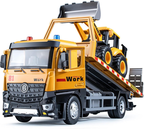 Tow Truck Toy Metal Cab with Flatbed, Friction Powered Transport Trailers with Lights and Siren Sounds