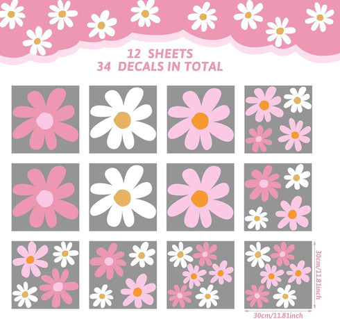 12 TaoBary Sheet Daisy Wall Sticker Decal Removable Cute Daisy Bedroom Room Decor Flower Wall Sticker Pink White Flower