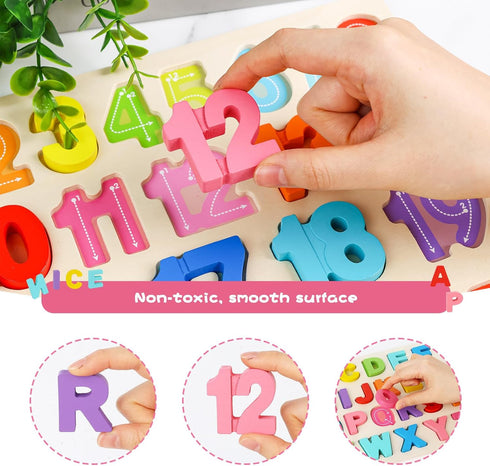 AMOR PRESENT 2PCS Educational Wooden Puzzles for Kids, Alphabet Number Shape Montessori Toys for Boys Girls