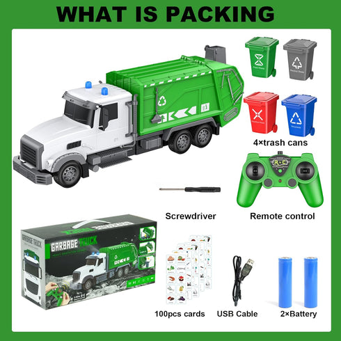 2.4Ghz Remote Control Garbage Truck Toys - 1/24 RC Truck with 4 Trash Cans, 6 Channel Remote Control, Gifts for Boys 3+