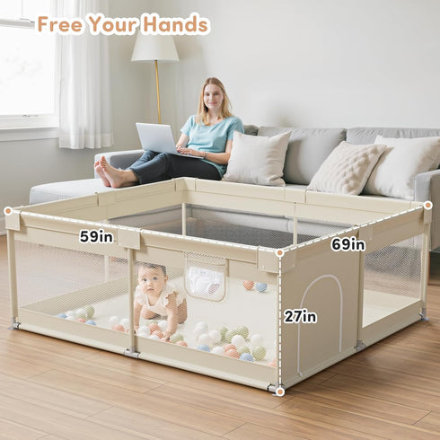 Mloong 6959in Large Baby Playpen for Toddler - Babies Play Pen Playard Active Center Beige