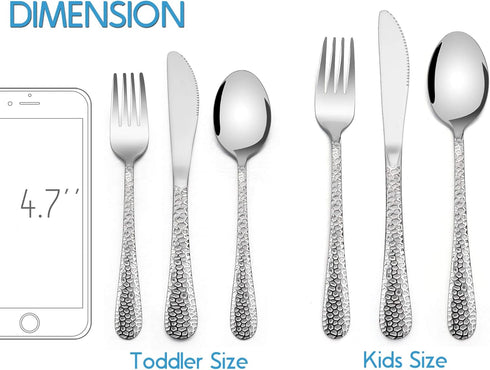 12 Piece Kids Utensils Silverware Set, E-far Stainless Steel Hammered Toddler Cutlery, Dishwasher Safe