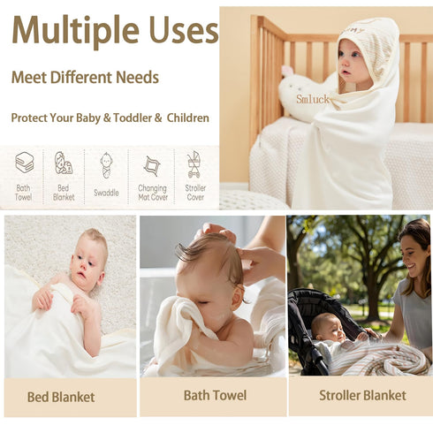 6-Pack Set 5 37.5 37.5 Inches Organic Cotton Baby Bath - Embroidered Hooded Towel & Soft Washcloths, Ultra Soft