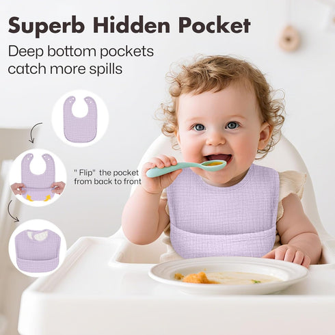 COMFYROLL 8 Pack Drool Bibs for Baby Girls & Boys, Baby Muslin Bibs for Drooling and Teething with Hidden Pocket, Soft