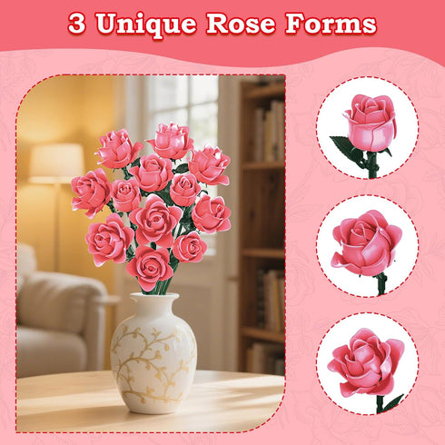 12 Set, Pink Roses Building Block Bouquet Symbol of Love, Admiration & Gratitude Romantic Gift for Wife, Mom, Daughter