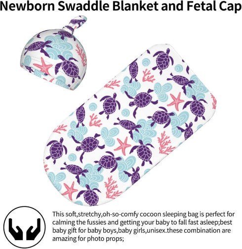 Sanghing Sets Sea Turtle Ocean Coastal Newborn Swaddle Blankets Baby Stuff Soft Swaddling Blanket with Beanie Gifts