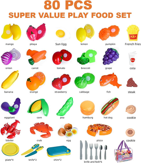 80PCS Sets Set Cutting Play Food for Kids Kitchen, Fake Food Toys with Storage Bag, Toy Food Pretend