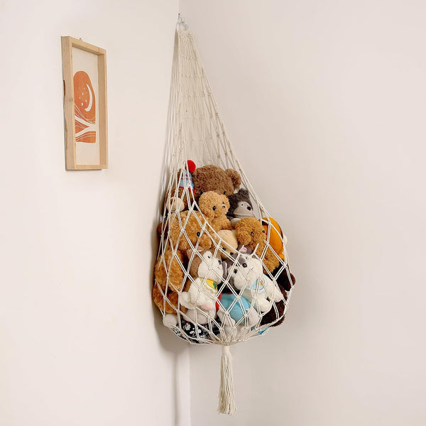 Upgrade Stuffed Animal Storage Organizers, Toy Hammock Corner Hanging Net for Plush Toy Display, Wall-Mounted (Cream)