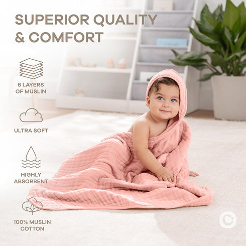 Pack 3 2-Pack Comfy Cubs Muslin Swaddle Blankets of and Hooded Baby Towel Bundled