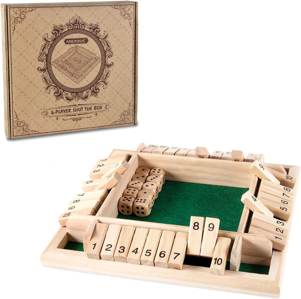 AMEROUS Shut The Box Dice Game - Classic 4 Sided Wooden Board Game for 1-4 Players, Includes 10 Dice