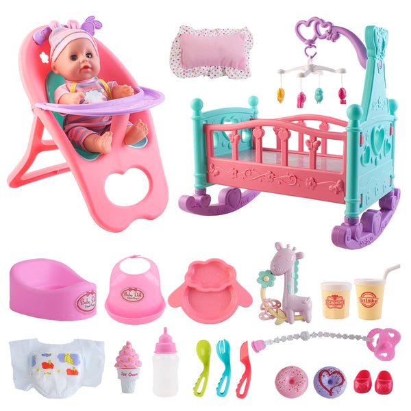 deAO 12” Baby Doll Play Set, 21 PCS with Crib, Mobile, High Chair, Feeding Accessories for Girls Kids