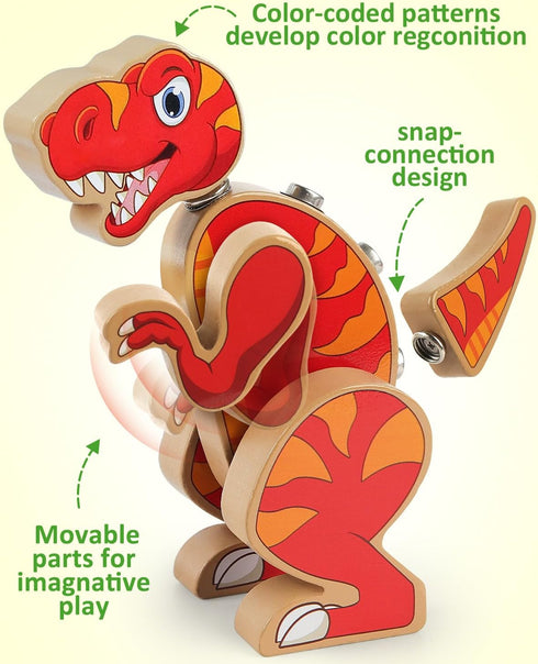 Playset, 3 4 5 Coogam Dinosaur Snap Together Building Toys, Wooden Take Apart Dinosaur STEM Montessori Educational Fine