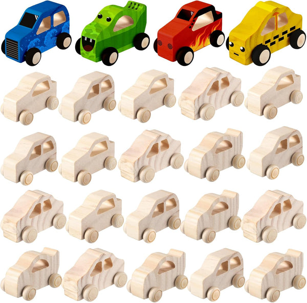 Chivao 24 Pcs Wood DIY Car Toys, Unfinished Wooden Cars, Paintable Wood