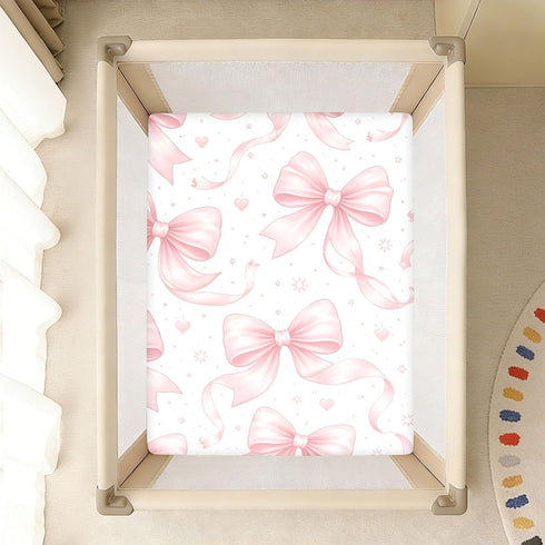 CZXW 52" 28" Bows Watercolor Pink Crib Sheets Fitted x Natural Cotton Soft & Breathable for Baby Crib Mattress