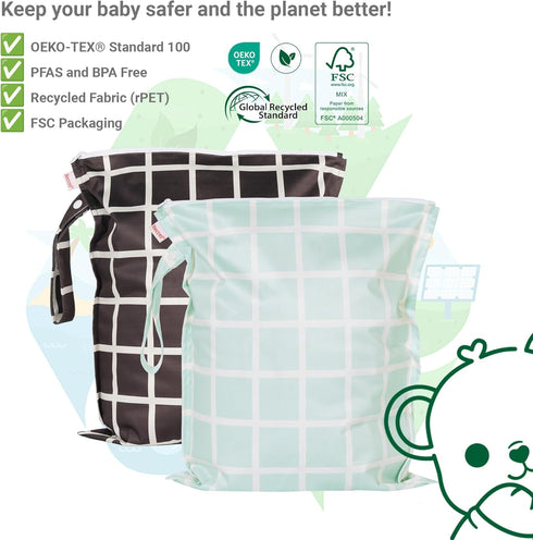 2-Pack HECCEI Wet Dry Bag, Reusable Waterproof Wet Bags for Swimsuits & Baby Clothes, Leakproof Cloth Diaper Wet Bags