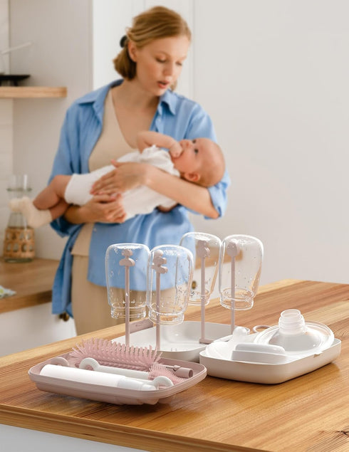 Momcozy 7-in-1 Baby Bottle Cleaner Kit with Silicone, Nipple & Straw Brushes, Soap Dispenser and Drying Rack - Portable