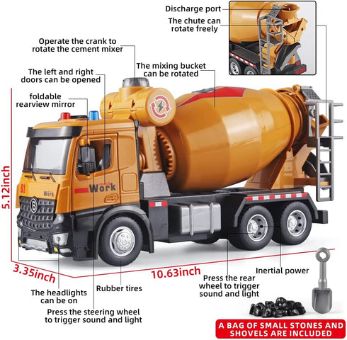 Cement Mixer Construction Toys, Metal DieCast Cement Mixer Truck Model with Simulated Sounds and Lights
