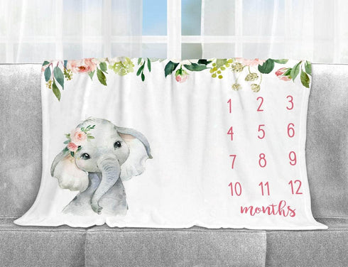 Floral Elephant Baby Monthly Milestone Blanket, Soft Fleece Jungle Elephant Girl's Blanket, Includes Marker (White,