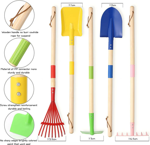 Egashow 5 28" Playset PCS Detatchble Kids Gardening Tools, Metal Beach Digging Toys with Sturdy Wooden Handle, Safe