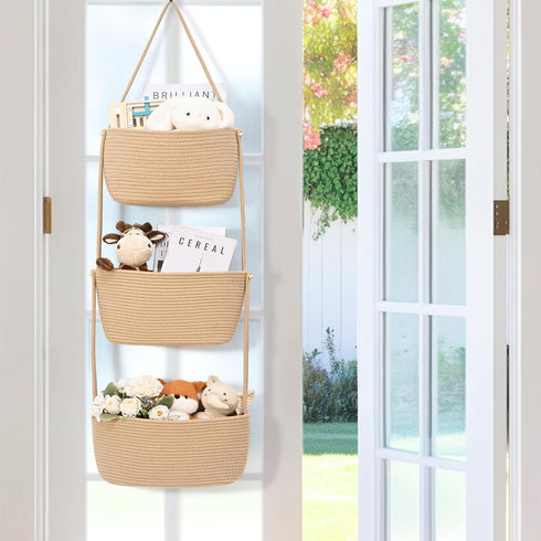 3-Tier 4 Hanging Basket, Wall Baskets, Over the Door Organizer with Hooks, Hanging Baskets for Organizing, Woven