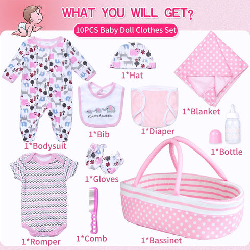 10Pcs 17-22 inch Set Reborn Baby Doll Clothes with Bassinet Blanket Diaper fit Reborn Dolls Cute Pink Baby Doll Clothes