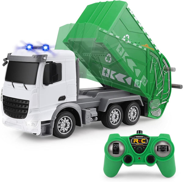2.4Ghz Remote Control Garbage Truck Toys for Boys with Trash Bin Real Lights 1/24 Scale Recycling Truck