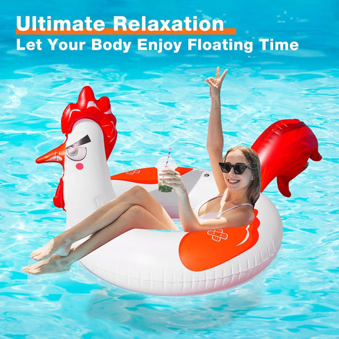 63" 2 Swimming Inflatable Pool Floats with Lights, Chicken Pool Floaties with Solar Powered RGB Color Changing, Large