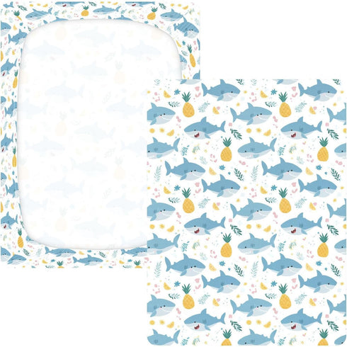 miaozhen Summer 1 Pack 52x28 Cotton Baby Crib Sheets Ultra Soft Cute Cartoon Tropical Shark Crib Mattress Sheet