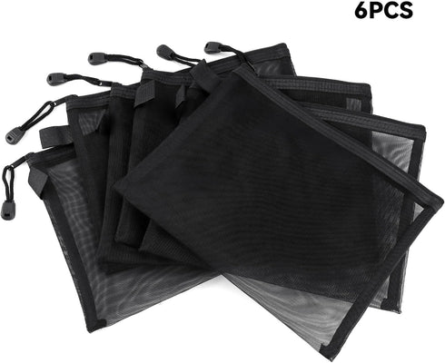 yuntop 6 (A5) PCS Mesh Pouch, Black Nylon Mesh Cosmetic Zipper Bags for Home Office Purse Diaper Bag