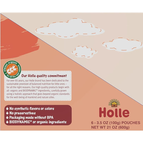 Holle Organic Baby Food Pouches - Panda Peach Puree with Peach, Banana, Apricot & Spelt, 6 Pack for Weaning