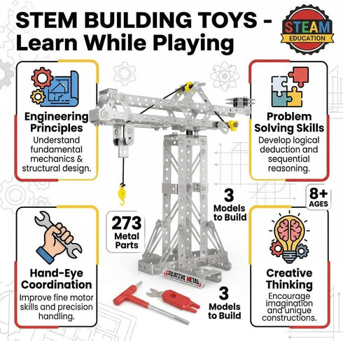 PANPAPA 273pcs 3 1 Set,Erector Sets 8-12,DIY Metal Building Toys, in Tower Crane & Frame Crane & Windmill Metal Model