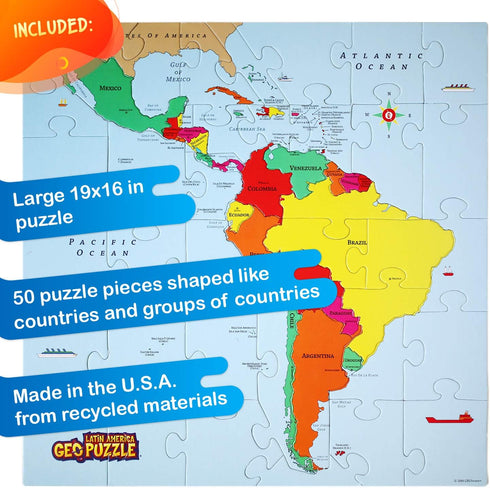 GeoToys GeoPuzzle Latin America - 50 Piece Geography Jigsaw Puzzle for Kids, Jumbo Size, Ages 4 and Up
