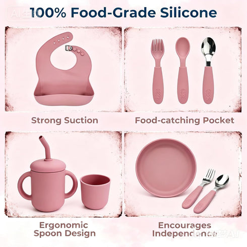 Set 6+ 9pcs Silicone Baby Feeding BPA-Free Food Grade Silicone, Suction Plate, Bib, Training Cup & Utensils for Baby