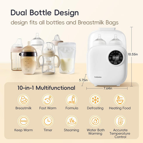 10-in-1 Baby Bottle Warmer, Felizbebe Double Bottle Warmer for Breastmilk or Formula, Accurate Temperature Control