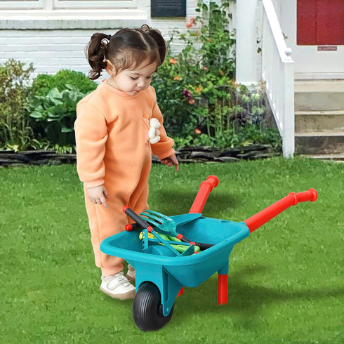 Kids Gardening Set with Wheelbarrow, Watering Can, Gloves, Pruner, Hand Rake, Double Hoe, Shovel, Apron, Outdoor Indoor