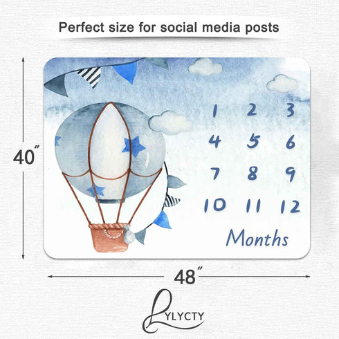 Blue Baby Monthly Milestone Blanket, Cartoon Hot Air Balloon Star, 48x40 Inches
