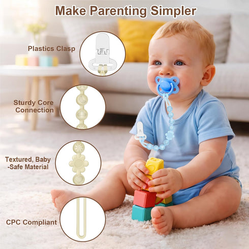 4 Packs Silicone Pacifier Clip Holder with One-Piece Beads, Soft Flexible and Rust-Free Binky Pacifiers Clips