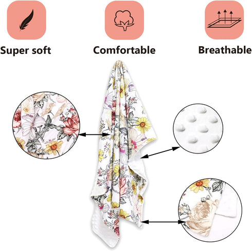 Floral Baby Blankets, Double Layer Toddler Blanket for Boys Girls, Dotted Backing, Crib Receiving Blanket, 30 x 40 Inch