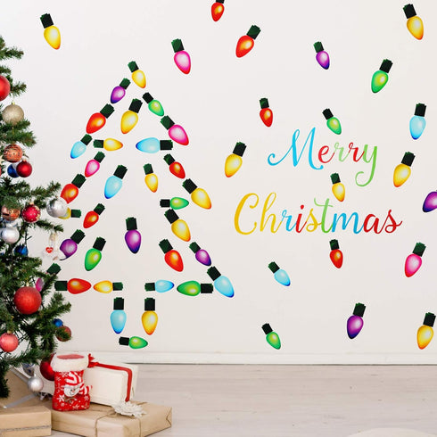 91 Pieces Christmas Wall Stickers, PVC Merry Christmas Lights Bulb Wall Decals for Decoration